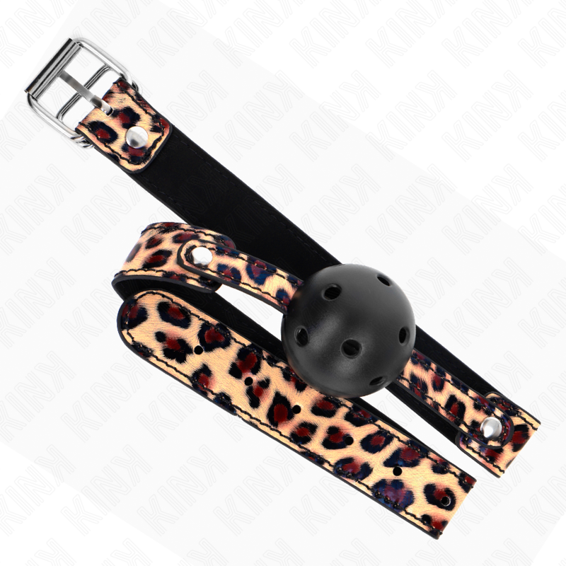 Mordaça de bola KINK com design leopardo e correia ajustável para sessões BDSM.