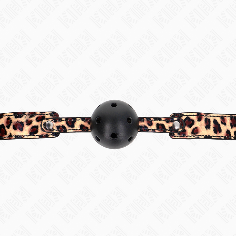 Mordaça de bola KINK com design leopardo e correia ajustável para sessões BDSM.