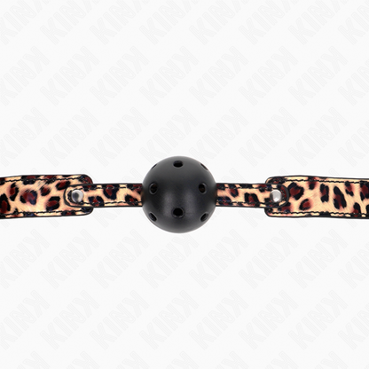 Mordaça de bola KINK com design leopardo e correia ajustável para sessões BDSM.