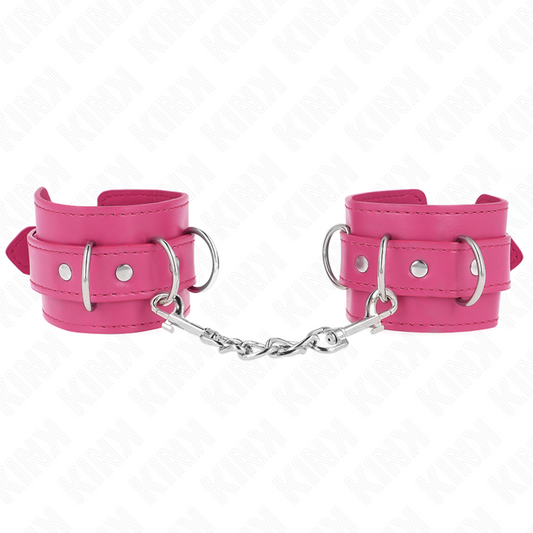 Conjunto de 3 retenções de pulso KINK D-Ring ajustáveis na cor rosa para sessões BDSM.