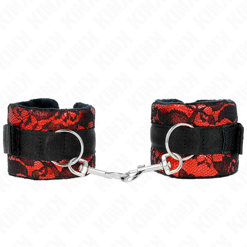 Punhos KINK de Renda Veludo Curto e Nylon Vermelho/Preto, com 23x6,5cm, para BDSM e bondage.