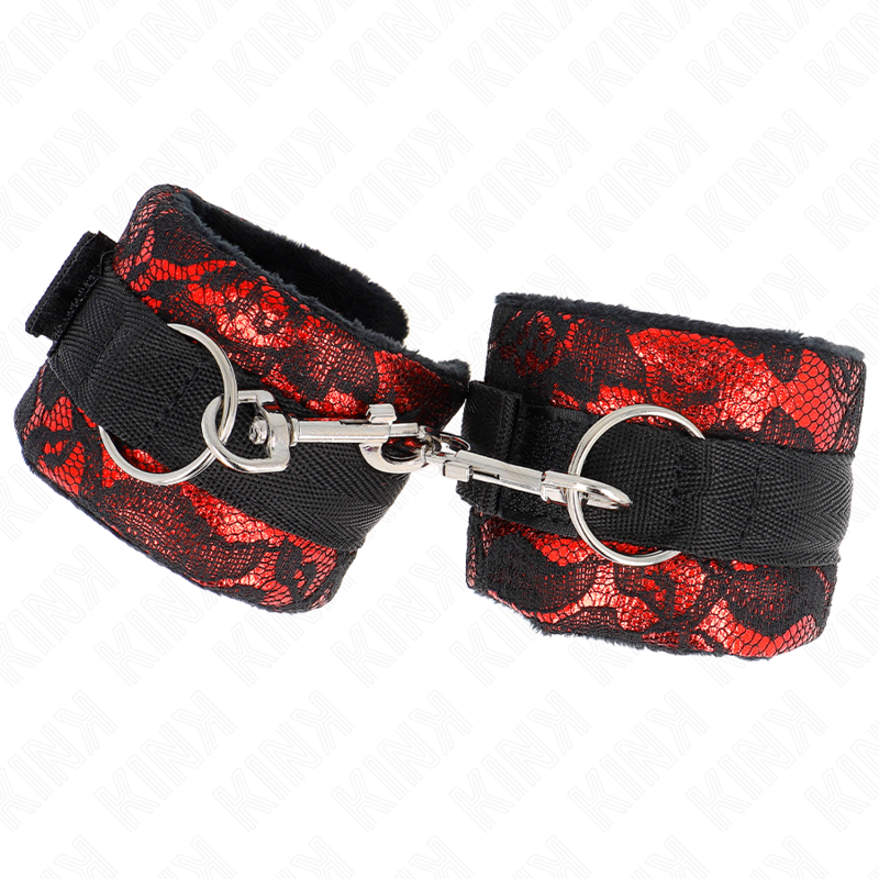 Punhos KINK de Renda Veludo Curto e Nylon Vermelho/Preto, com 23x6,5cm, para BDSM e bondage.