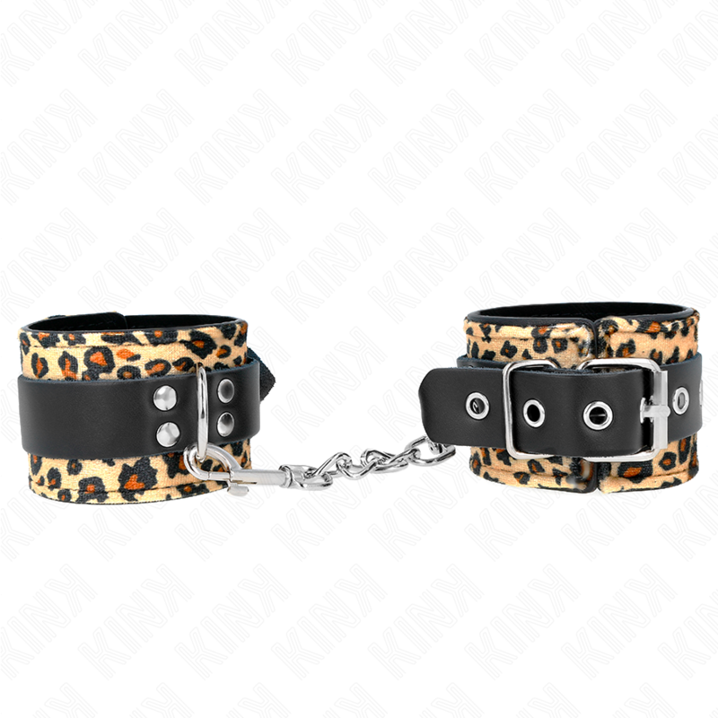 Detalhe das Algemas de Pulso KINK em Couro Real padrão Leopardo, mostrando o fecho e o material.
