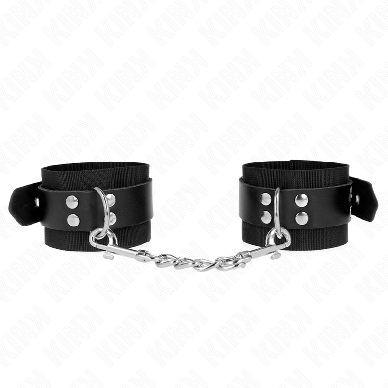 KINK Punhos de Nylon Preto com Cinto de Couro Ajustável 19-29 CM X 5,1 CM para controlo BDSM.