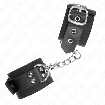 KINK Punhos de Nylon Preto com Cinto de Couro Ajustável 19-29 CM X 5,1 CM para controlo BDSM.