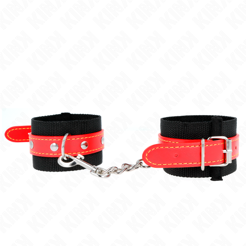 Punhos KINK de nylon preto e couro vermelho ajustáveis para BDSM.