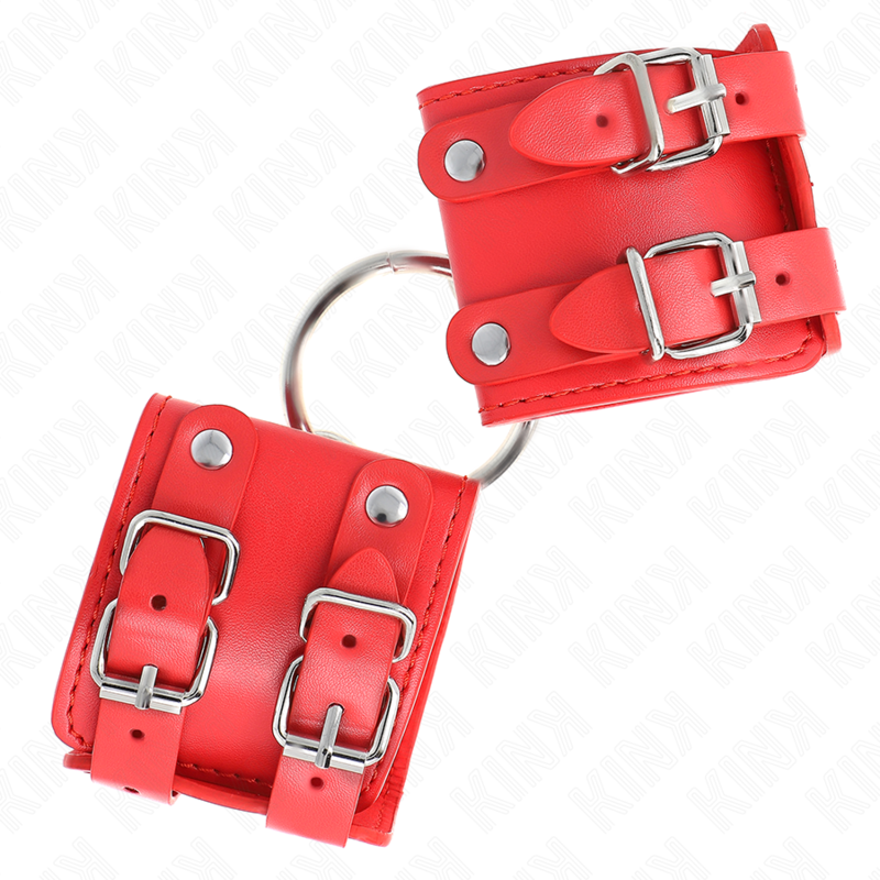 KINK Algema de Pulso Vermelha Fixo com Anel e Pregos Ajustáveis, ideal para BDSM.