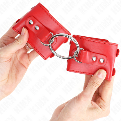KINK Algema de Pulso Vermelha Fixo com Anel e Pregos Ajustáveis, ideal para BDSM.
