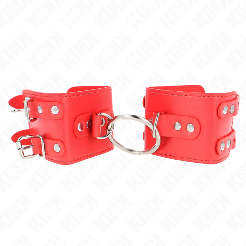 KINK Algema de Pulso Vermelha Fixo com Anel e Pregos Ajustáveis, ideal para BDSM.