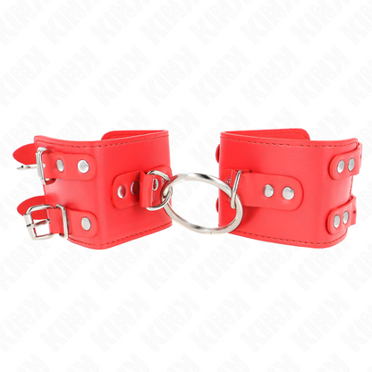 KINK Algema de Pulso Vermelha Fixo com Anel e Pregos Ajustáveis, ideal para BDSM.