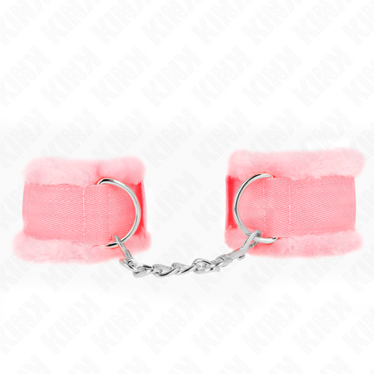 KINK Pulseira Forro Peludo Rosa Ajustável 17-31cm para BDSM, mostrando o forro macio e o design.