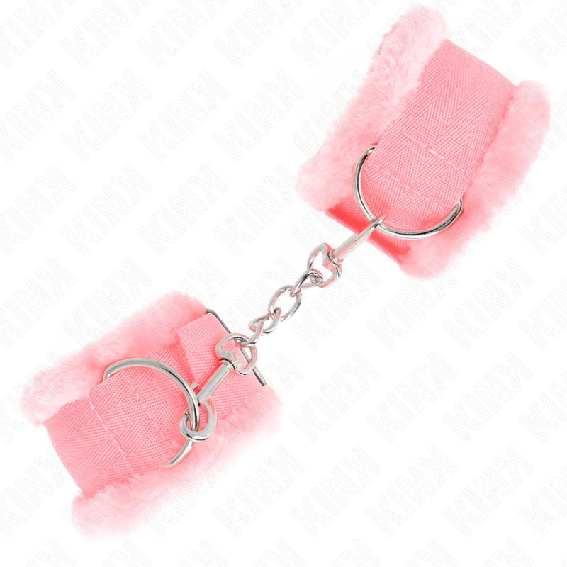 KINK Pulseira Forro Peludo Rosa Ajustável 17-31cm para BDSM, mostrando o forro macio e o design.