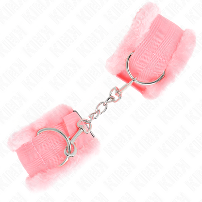 KINK Pulseira Forro Peludo Rosa Ajustável 17-31cm para BDSM, mostrando o forro macio e o design.