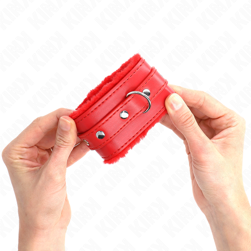 KINK Algemas de Pulso Premium Forro Pele Vermelho Ajustáveis 17-29cm, mostrando o material e fivela.