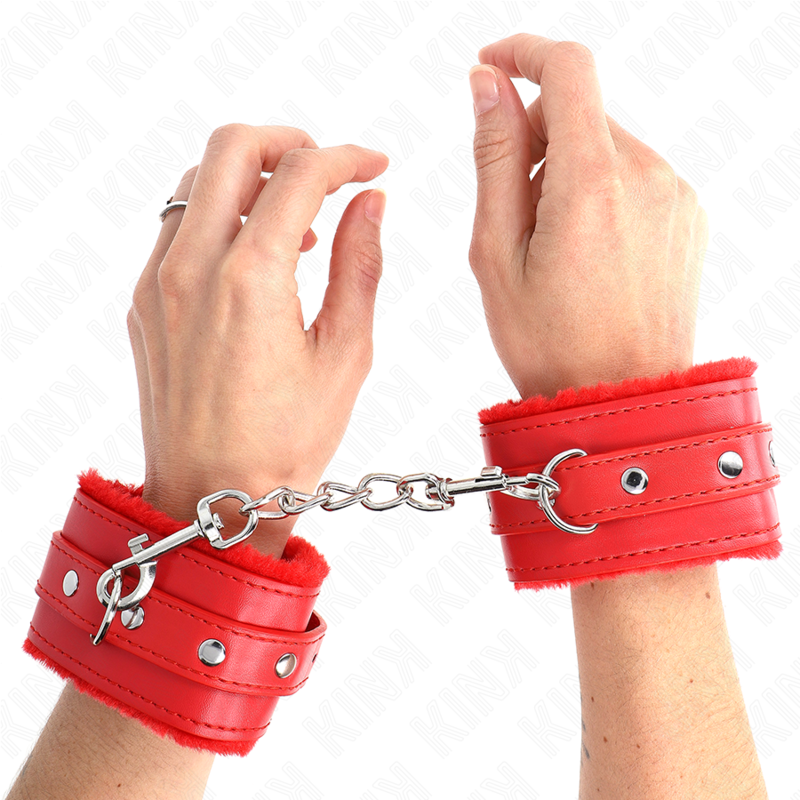 KINK Algemas de Pulso Premium Forro Pele Vermelho Ajustáveis 17-29cm, mostrando o material e fivela.