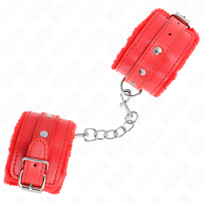 KINK Algemas de Pulso Premium Forro Pele Vermelho Ajustáveis 17-29cm, mostrando o material e fivela.