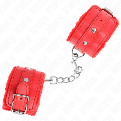 KINK Algemas de Pulso Premium Forro Pele Vermelho Ajustáveis 17-29cm, mostrando o material e fivela.