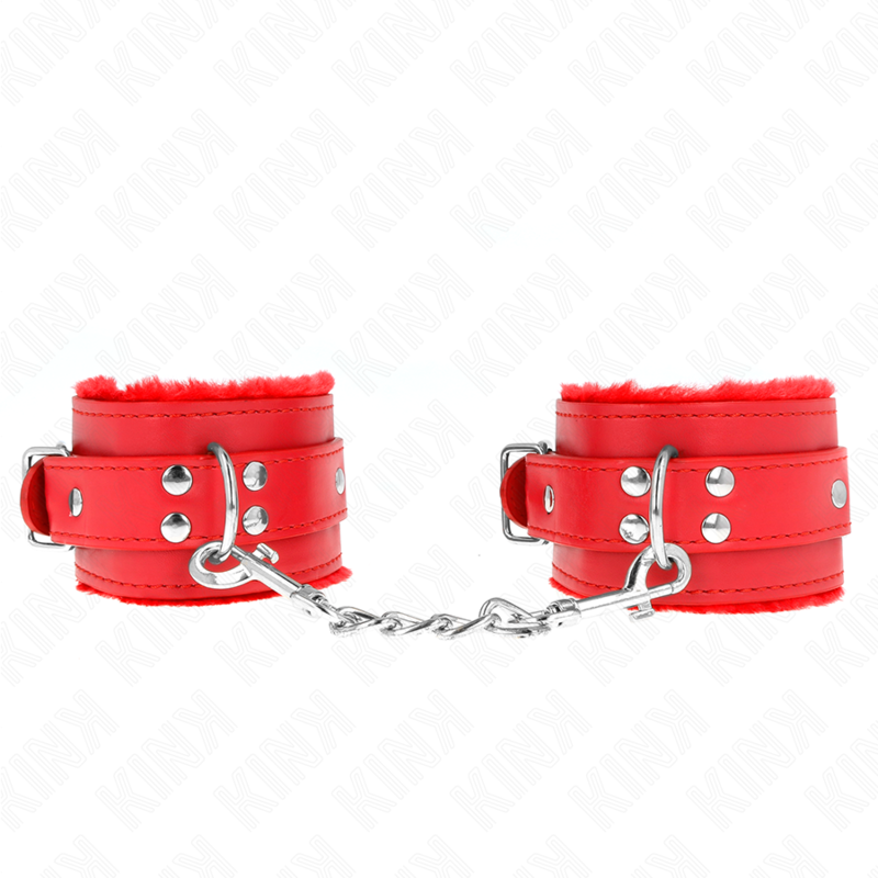 KINK Algema de Pulso com Forro de Couro Vermelho e Cinto Ajustável, ideal para contenção BDSM estilosa e segura.
