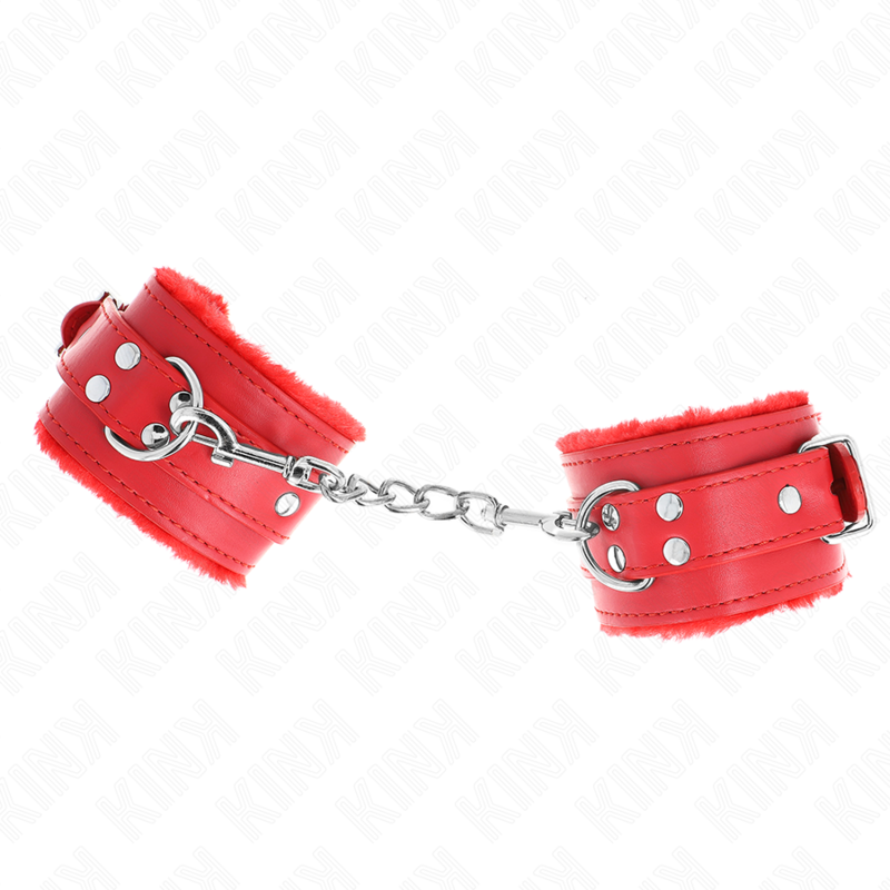 KINK Algema de Pulso com Forro de Couro Vermelho e Cinto Ajustável, ideal para contenção BDSM estilosa e segura.