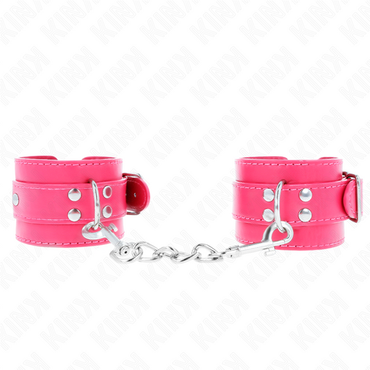 Punhos KINK Raspberry Rose ajustáveis com forro macio para BDSM, exibindo o design e material.