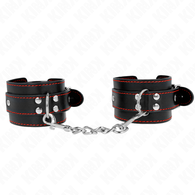KINK Punhos Pretos com Forro Vermelho Ajustáveis, mostrando detalhe do material e das fivelas.