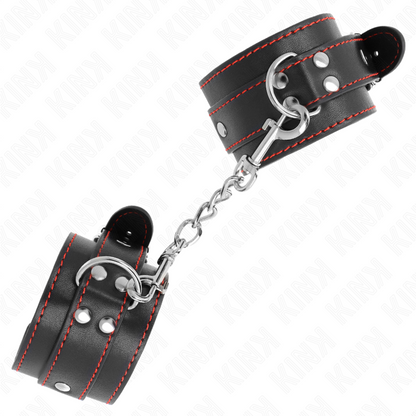 KINK Punhos Pretos com Forro Vermelho Ajustáveis, mostrando detalhe do material e das fivelas.