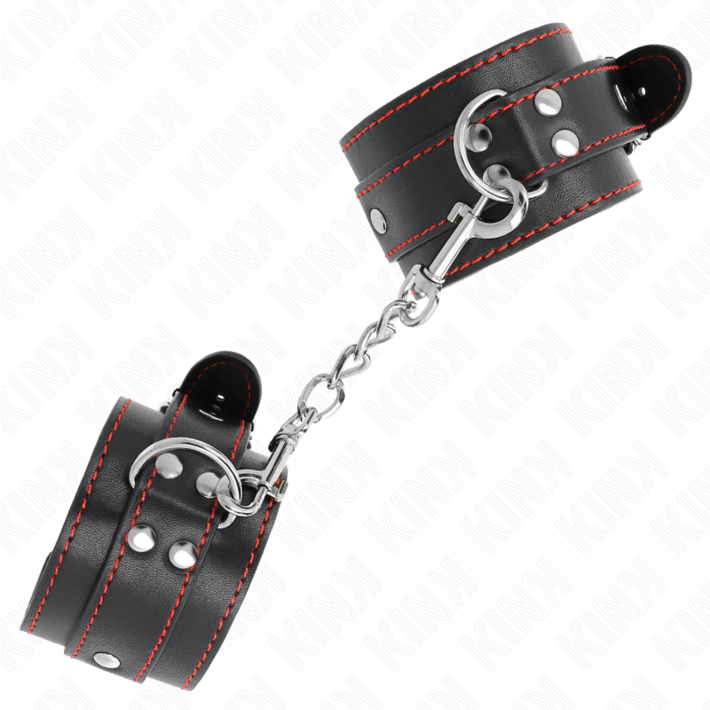 KINK Punhos Pretos com Forro Vermelho Ajustáveis, mostrando detalhe do material e das fivelas.