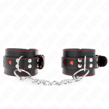 Pulseira de pulso KINK preta com coração vermelho, ajustável para experiências BDSM.