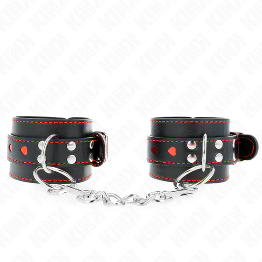 Pulseira de pulso KINK preta com coração vermelho, ajustável para experiências BDSM.