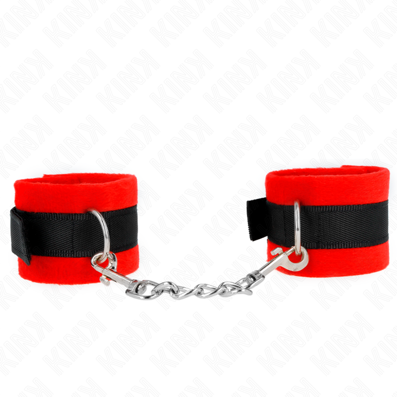 Algemas de pulso de pele KINK em preto e vermelho, ideais para iniciantes em BDSM, com fivelas e anéis D.