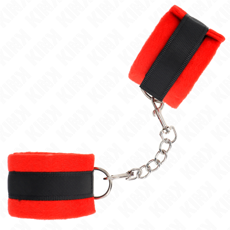 Algemas de pulso de pele KINK em preto e vermelho, ideais para iniciantes em BDSM, com fivelas e anéis D.