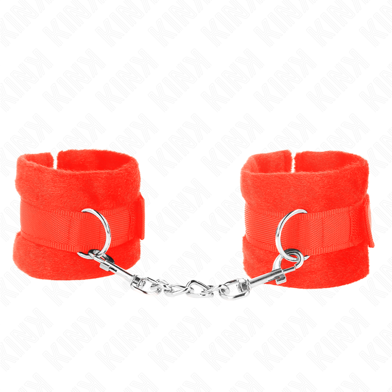 KINK Algemas de Pulso em Pele Iniciante Vermelho 30x7cm para BDSM, mostrando detalhes do material e fecho.