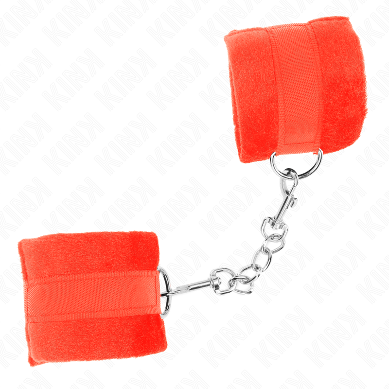 KINK Algemas de Pulso em Pele Iniciante Vermelho 30x7cm para BDSM, mostrando detalhes do material e fecho.