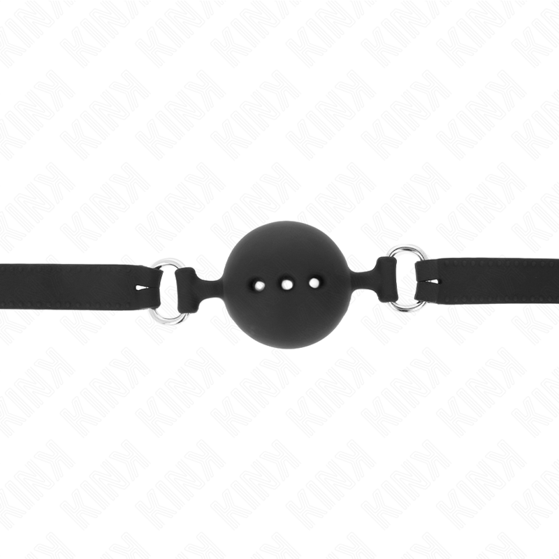 Detalhe da Mordaça Completa de Silicone KINK com Bola de 4,5cm Ajustável, na cor preta.