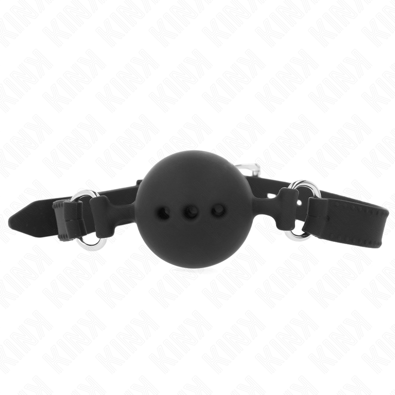 Detalhe da Mordaça Completa de Silicone KINK com Bola de 4,5cm Ajustável, na cor preta.