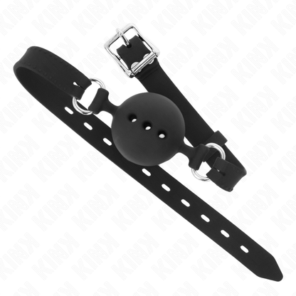Detalhe da Mordaça Completa de Silicone KINK com Bola de 4,5cm Ajustável, na cor preta.