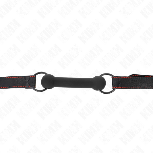 Mordaça de osso KINK com alça de couro preta ajustável para sessões BDSM, detalhe do design realista e material de qualidade.