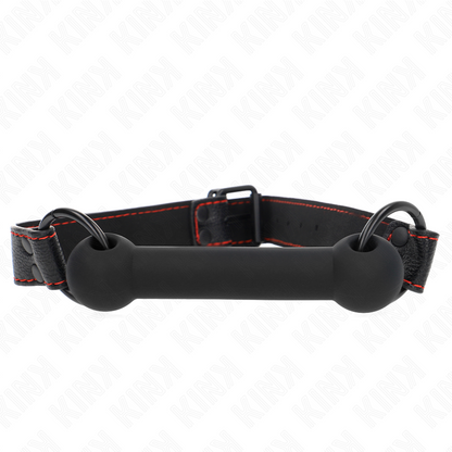 Mordaça de osso KINK com alça de couro preta ajustável para sessões BDSM, detalhe do design realista e material de qualidade.