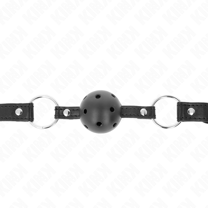 Mordaça bola preta KINK para BDSM, mostrando a bola oca dura de 4,5cm e a correia ajustável.