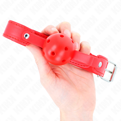 KINK Mordaça Bola Respirável Vermelha 4,5 CM com Cinto ajustável 65x2,5 CM para BDSM.