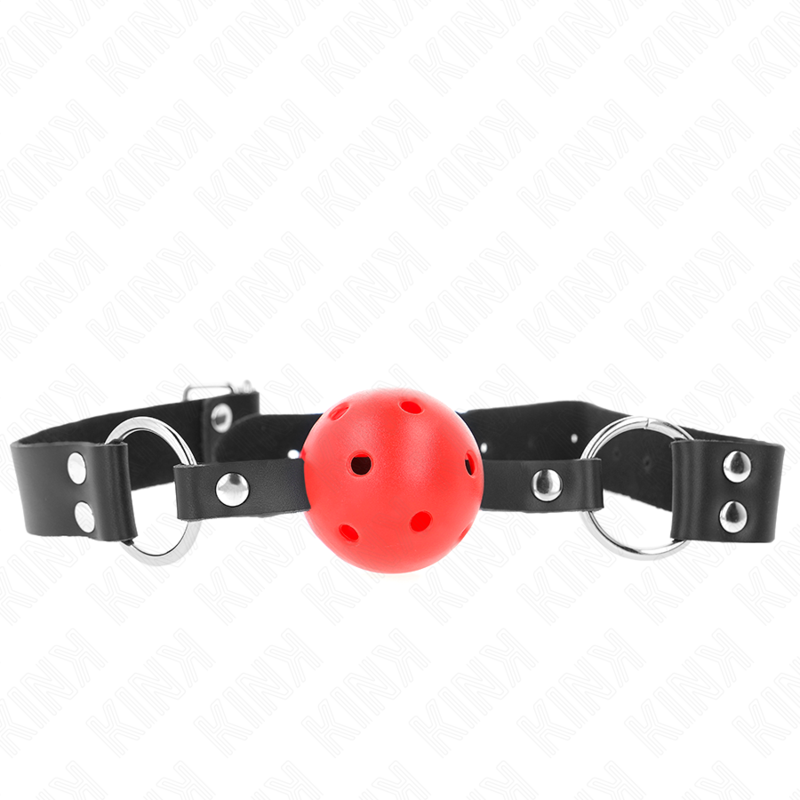 Close-up of the KINK Mordaça Bola Respirável Rebite Duplo Vermelho Ajustável 4cm showing its silicone ball and adjustable strap.