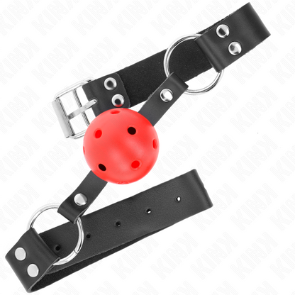 Close-up of the KINK Mordaça Bola Respirável Rebite Duplo Vermelho Ajustável 4cm showing its silicone ball and adjustable strap.