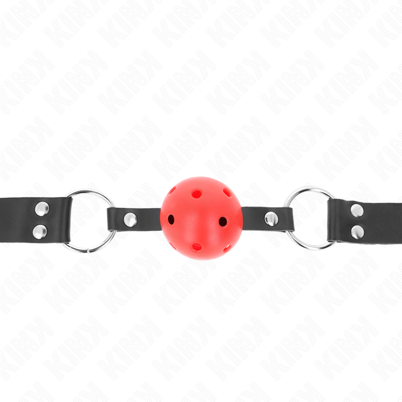 Close-up of the KINK Mordaça Bola Respirável Rebite Duplo Vermelho Ajustável 4cm showing its silicone ball and adjustable strap.