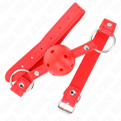 Close-up of the KINK Mordaça de Bola Respirável 4 CM Vermelha Ajustável, showing its silicone ball and adjustable strap.