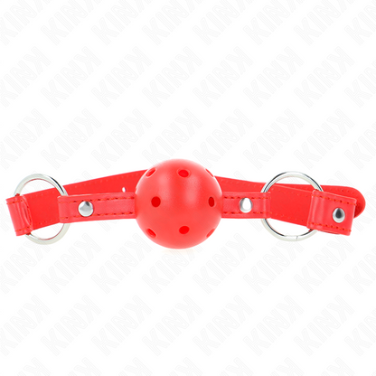 Close-up of the KINK Mordaça de Bola Respirável 4 CM Vermelha Ajustável, showing its silicone ball and adjustable strap.