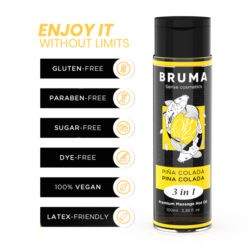 BRUMA Óleo de Massagem Premium Efeito Calor Pina Colada 3 em 1 - 100ml, para massagem sensual e hidratação.