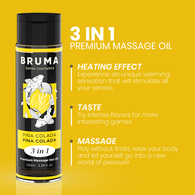BRUMA Óleo de Massagem Premium Efeito Calor Pina Colada 3 em 1 - 100ml, para massagem sensual e hidratação.