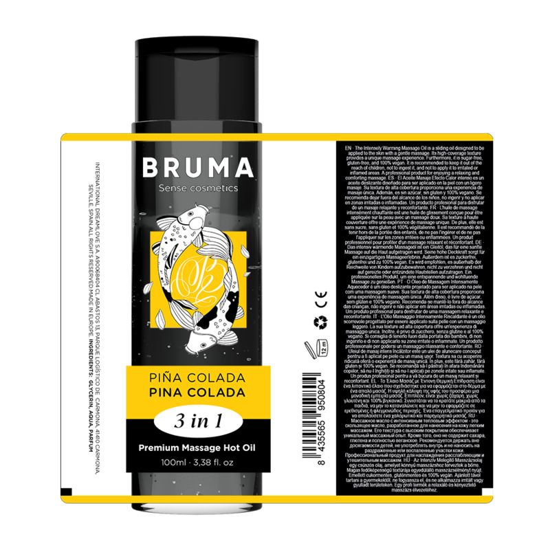 BRUMA Óleo de Massagem Premium Efeito Calor Pina Colada 3 em 1 - 100ml, para massagem sensual e hidratação.