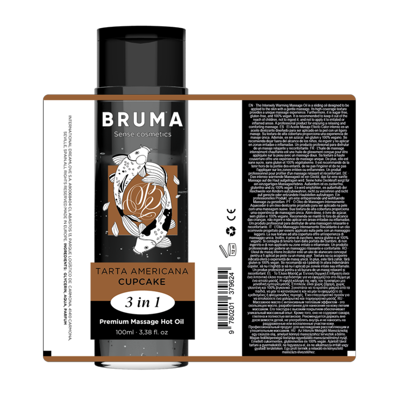 Close-up do Óleo de Massagem BRUMA Efeito Calor Cupcake 3 em 1 - 100ml.