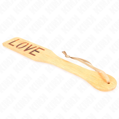 KINK Paleta de Bambu Palavra Amor 32x5,5cm para BDSM, exibindo o design e a gravação 'Amor'.